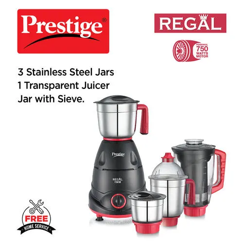 Prestige 750 Watts Regal Mixer Grinder with 4 Jars (3 Stainless Steel Jars + 1 Juicer Jar)|