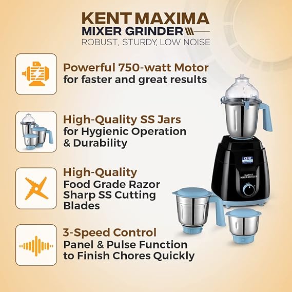 KENT Maxima Mixer Grinder 750W | Spill Proof Lockable Lids | Food Grade SS Blades | SS Jars | 3 Speed Control Panel, Black - Image 3
