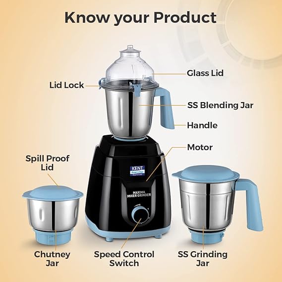 KENT Maxima Mixer Grinder 750W | Spill Proof Lockable Lids | Food Grade SS Blades | SS Jars | 3 Speed Control Panel, Black - Image 4