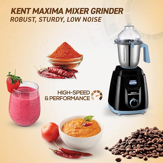 KENT Maxima Mixer Grinder 750W | Spill Proof Lockable Lids | Food Grade SS Blades | SS Jars | 3 Speed Control Panel, Black - Image 2