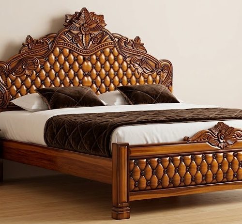 Royal Hand-Carved Teak Finish Double Bed (Premium Floral Edition)