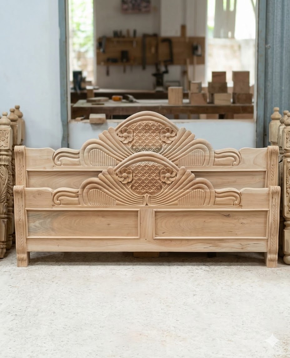 Hand-Carved Solid Wood Arched Bed - Traditional "Fan" Motif Headboard & Footboard Set